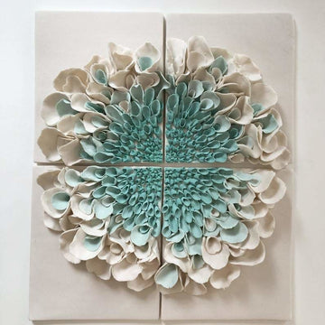 Ceramic Wall Art Blossom Tiles , White and Turquoise